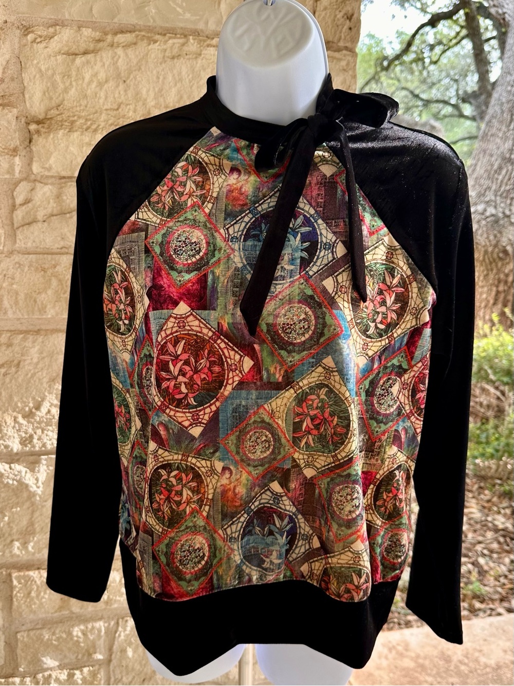 Velvet Buckingham Stained Glass Mock Neck Top - Stained Glass Lily Pattern